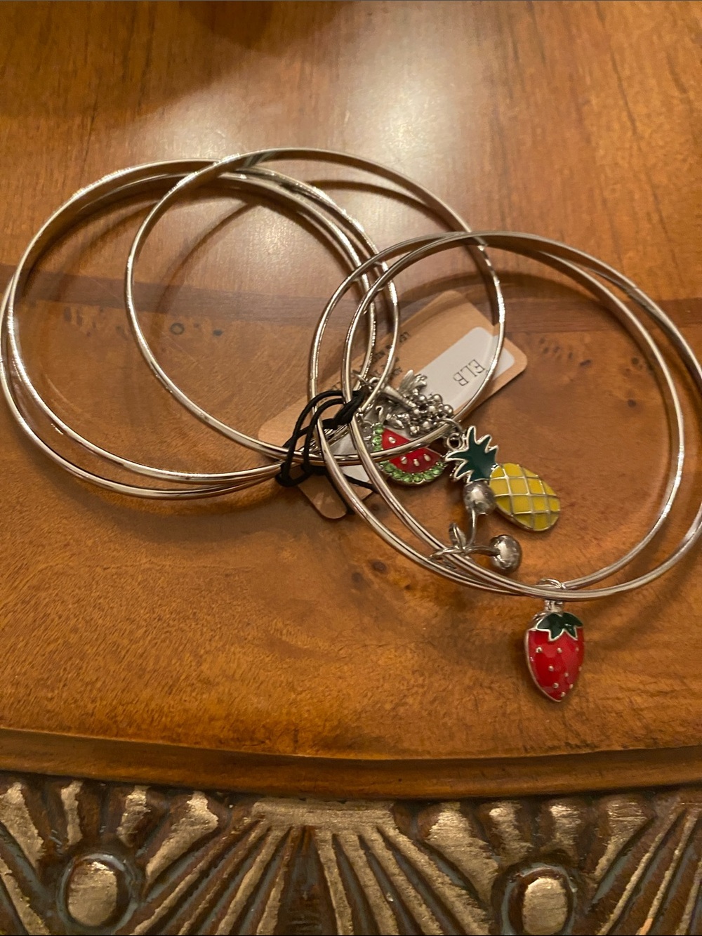 Silver-Tone Fruit Charm Bangle Bracelet Set - Red, Yellow, Green
